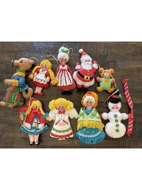 Bucilla Completed Christmas Ornaments Lot Felt Applique Sequin Santa Mrs Snowman